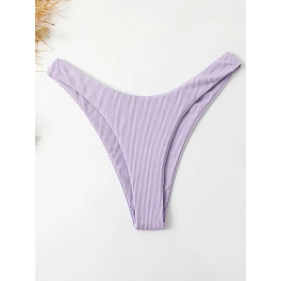 Lavender Ribbed Bikini Two Piece Swimsuit Drawstring Halter Top Cheeky Set - Picture 5 of 7